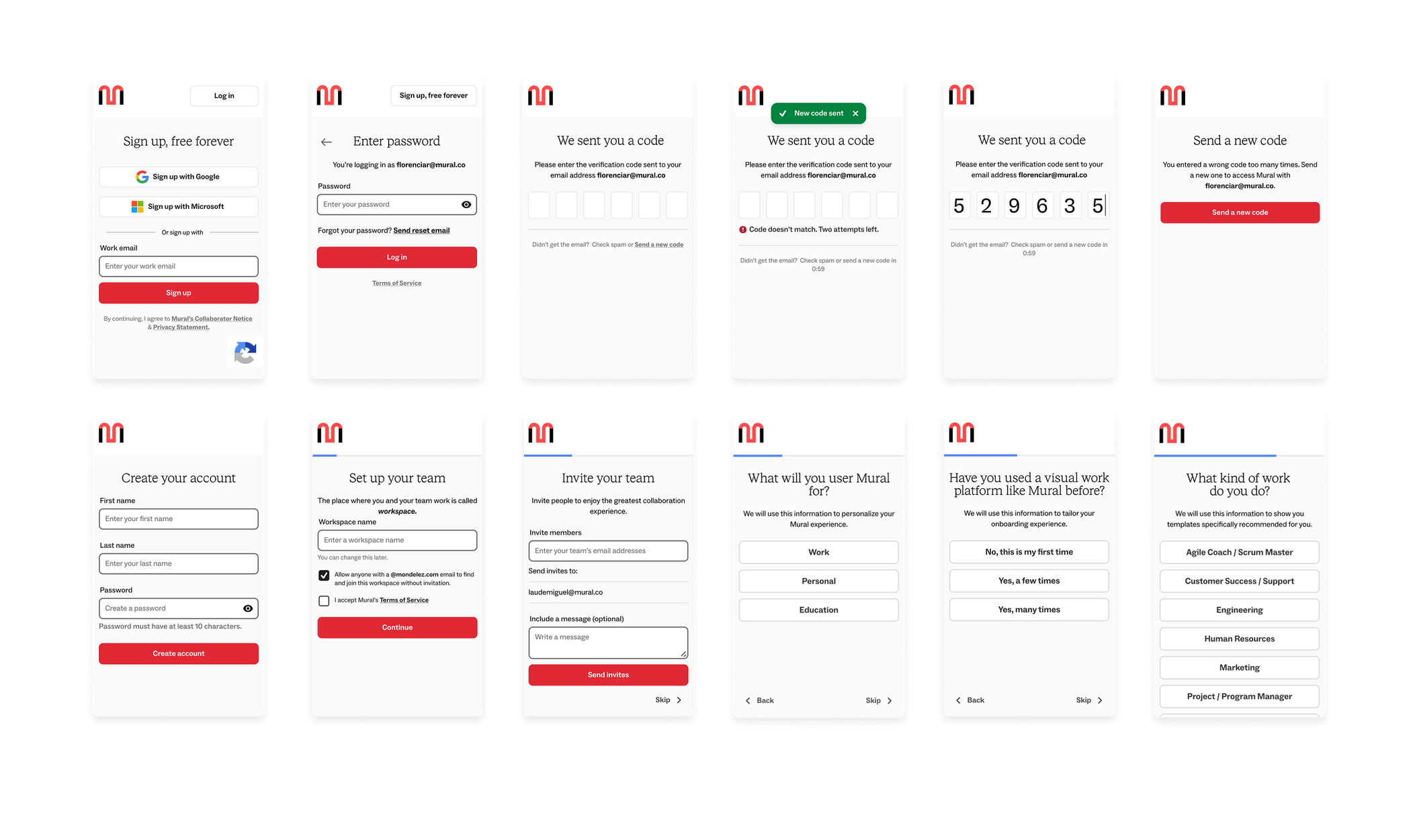 The whole flow on a phone, twelve screens from work email through
              code verification, account creation, workspace setup, invites and
              the profiling questions.