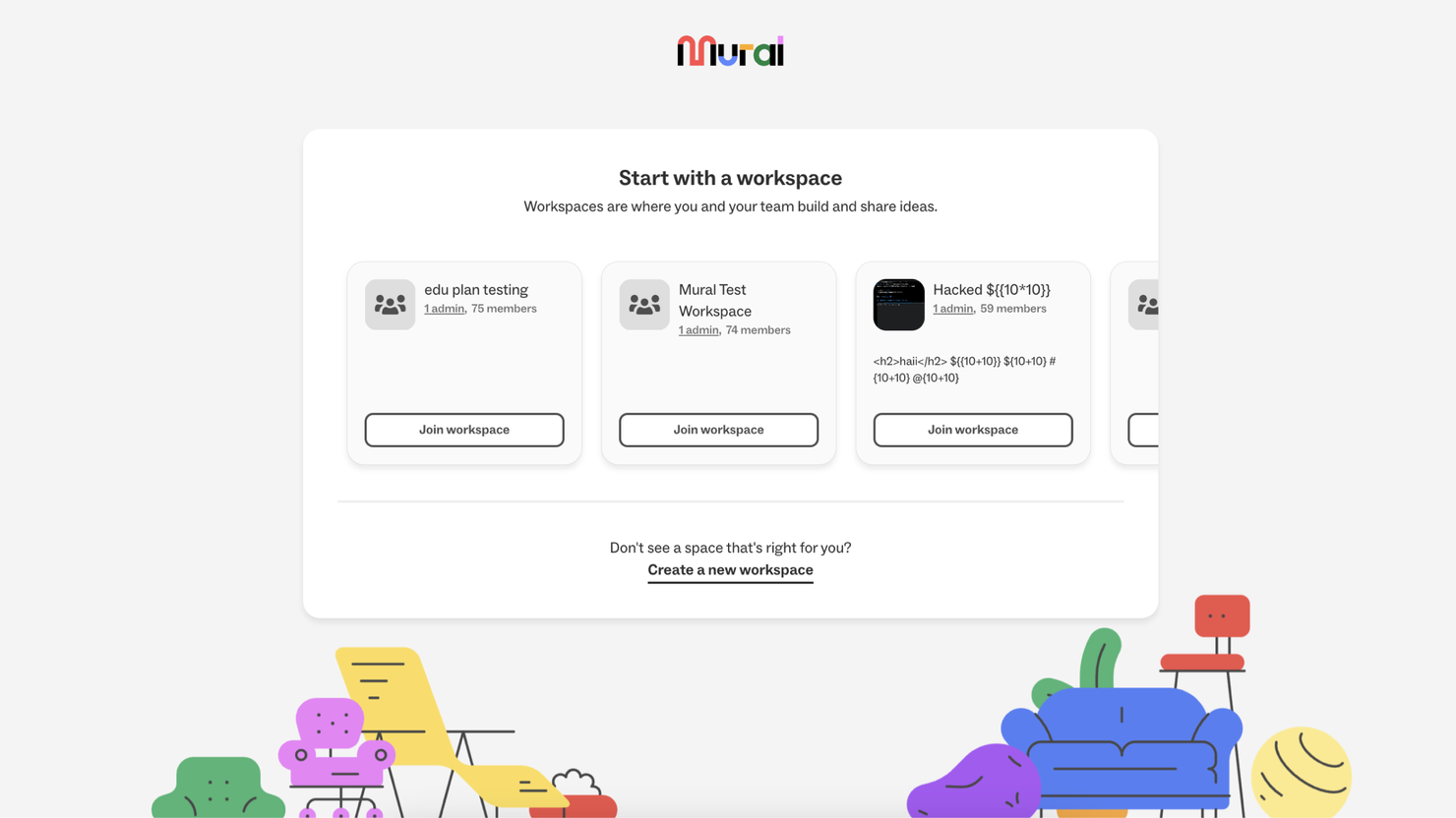 Before: &ldquo;Start with a workspace&rdquo; as a row of cards you scroll sideways through, three visible at a time, with no way to search.