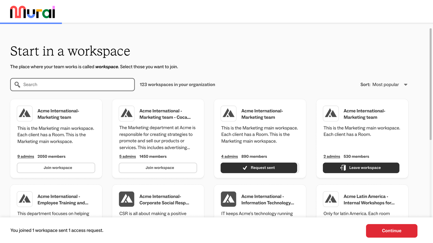 Shipped: search across 123 workspaces, results as cards carrying only what a decision needs, and per-workspace states for joined, requested and leave.