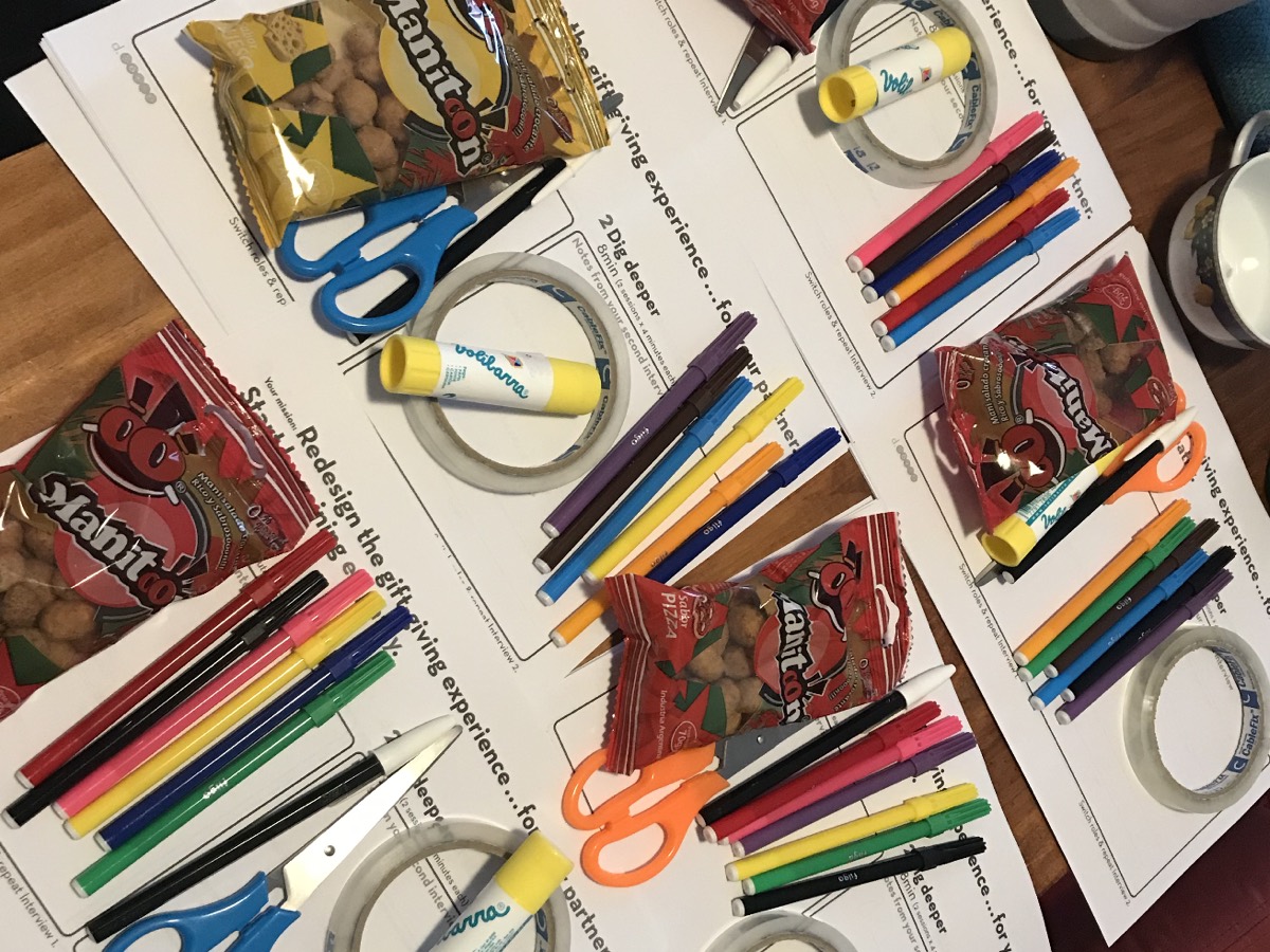 The contents of a kit laid out: printed worksheets for each stage,
              markers, scissors, tape, a glue stick and a packet of snacks.