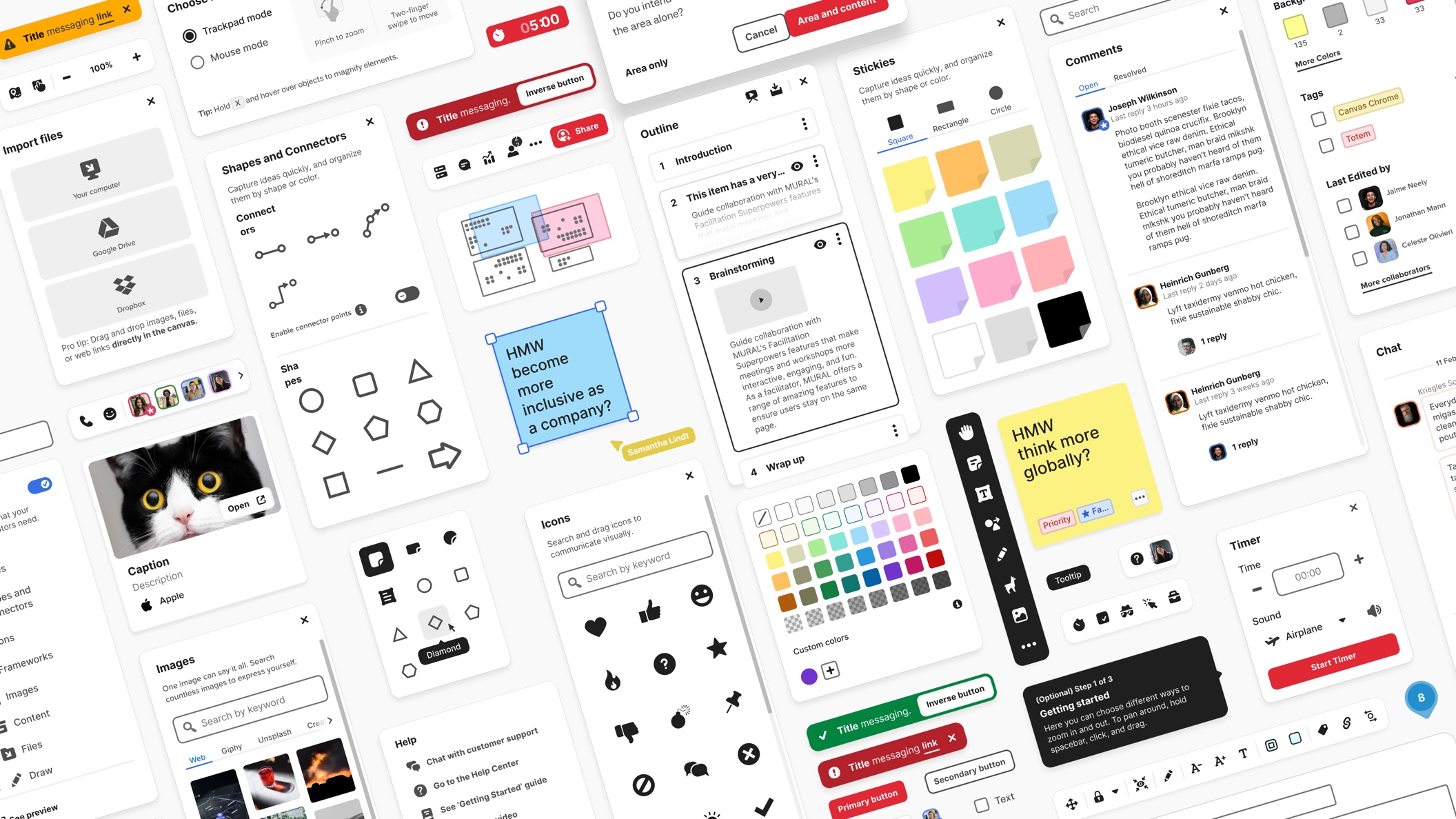 The redesigned Hana chrome, shown as a tilted collage of overlapping
              surfaces: the import, shapes, stickies, icons, images and help panels,
              the comments and outline sidebars, the colour picker, the vertical
              toolbar, toasts, tooltips and the timer.