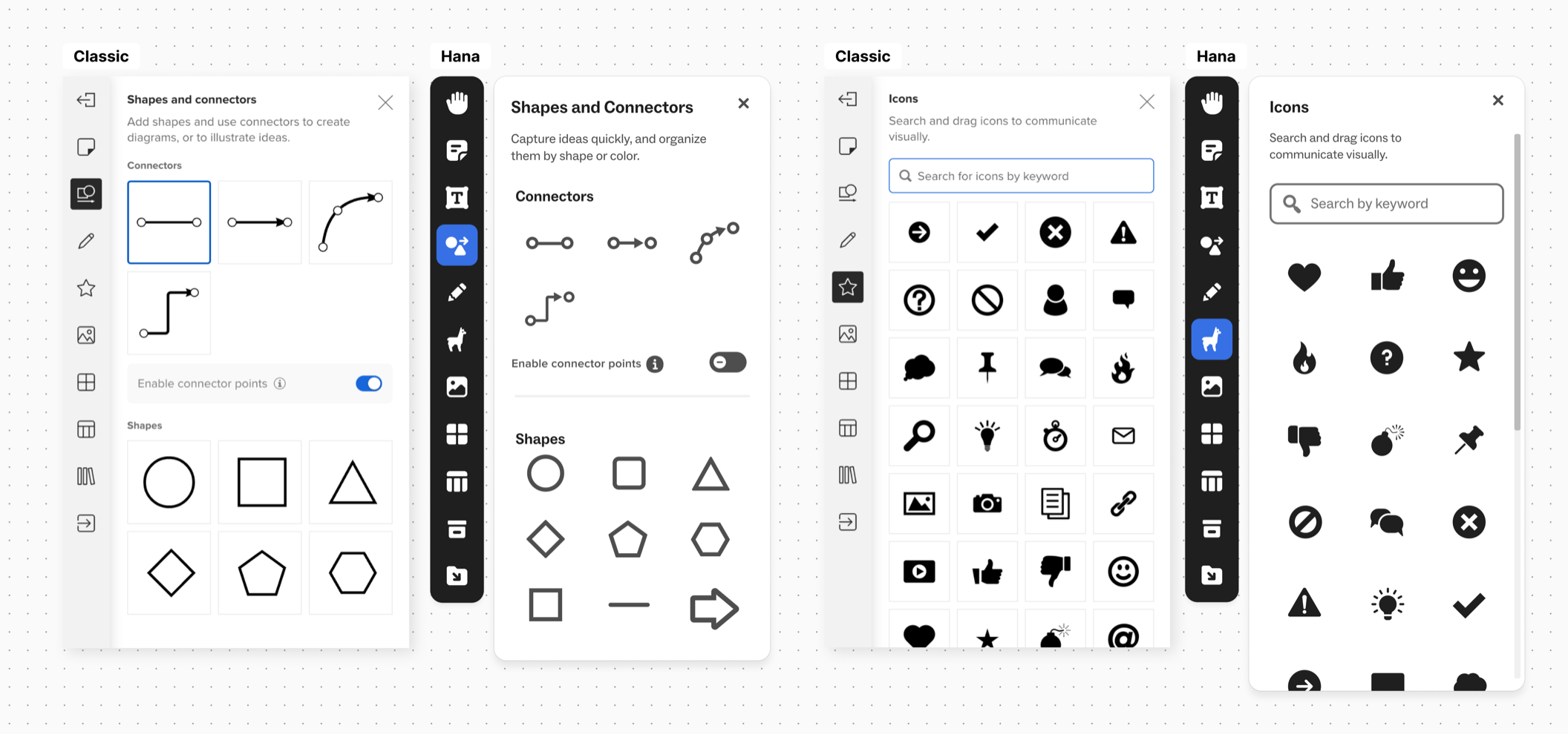 Two more panel pairs on the dot grid, Classic then Hana in each.
              Shapes and Connectors: under Classic every connector and shape sits
              in its own bordered cell, with the selected connector ringed in
              blue; under Hana the cells are gone and the same shapes sit on open
              ground. Icons: under Classic a bordered search field above a grid of
              icons in bordered cells; under Hana a larger rounded search field
              with a magnifier, and the icons on open ground with no cells.